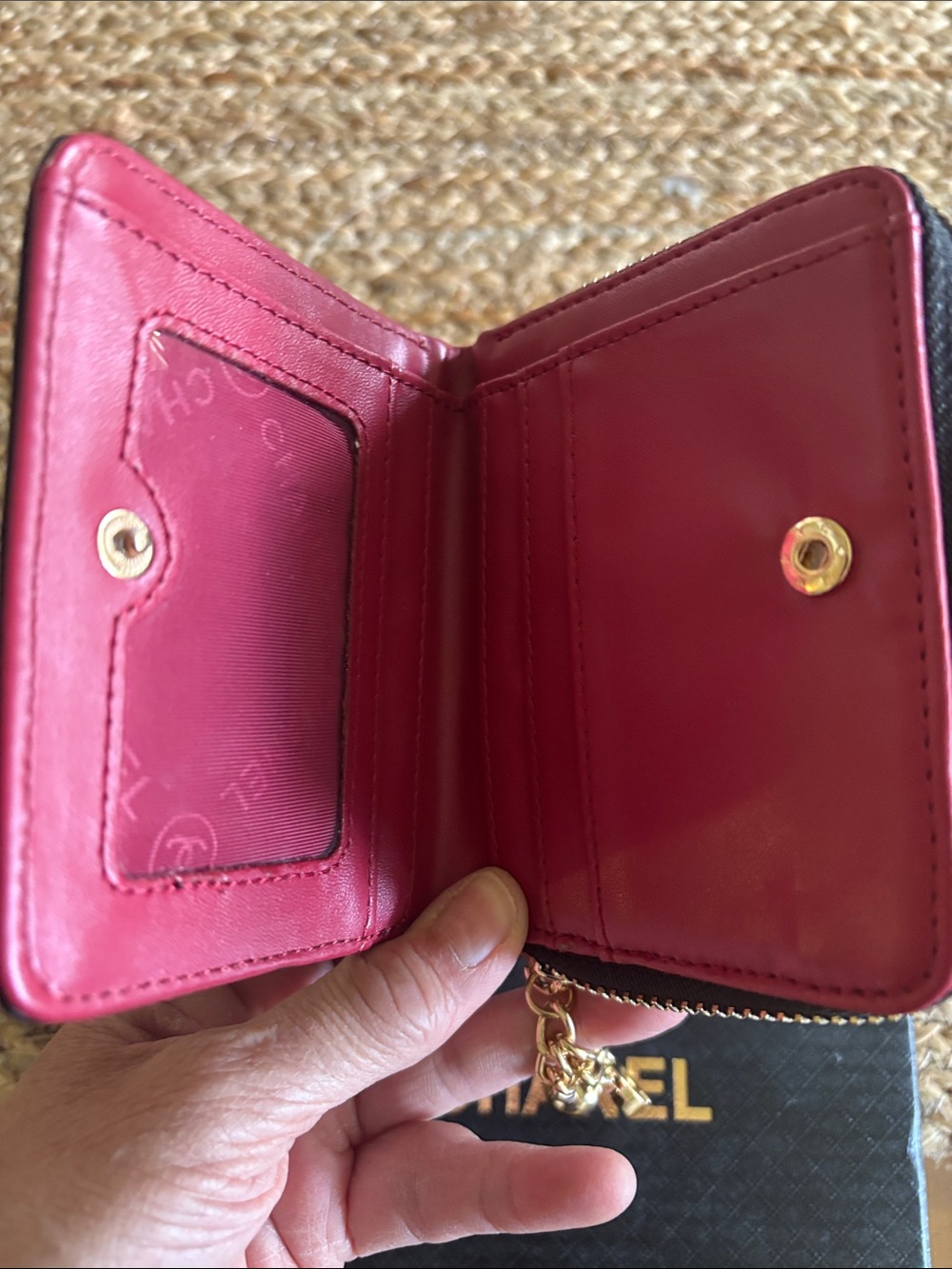 Black Quilted Leather Small Wallet with Gold CC Charm and Chain - Picture 3 of 9